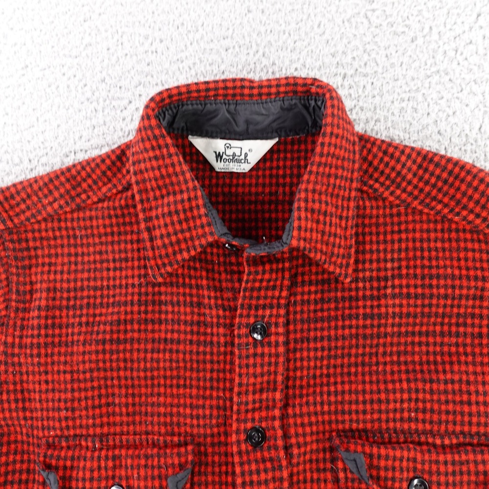 VTG Woolrich Wool Shirt Mens S M‎ Red Buffalo Plaid Hunting USA Sheep Tag